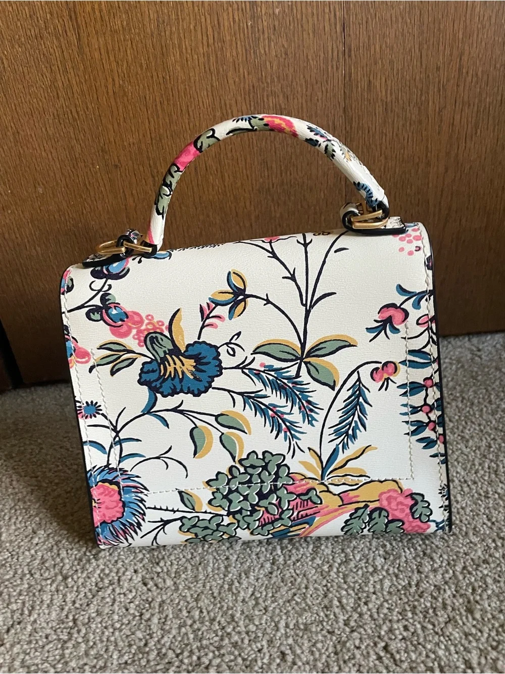 Tory Burch Block-T Floral Print Top Handle Satchel – White/Multi – Gold Hardware